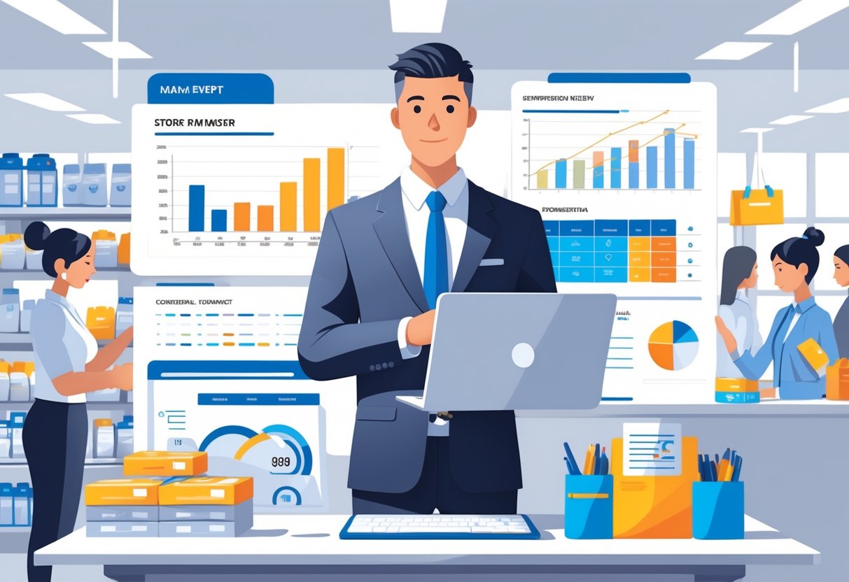 10 Store Manager Resume Examples & Guide for 2025: Proven Templates and Writing Tips 1 A store manager working at a desk with a laptop and documents in a bright retail environment with shelves and customers in the background.