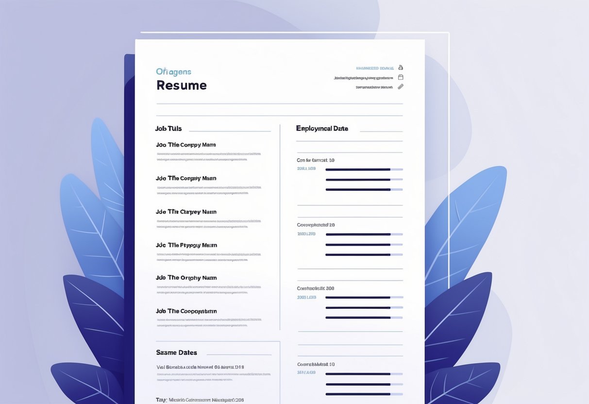 A resume layout showing job titles on the left and employment dates aligned to the right, illustrating organized job order and date placement.
