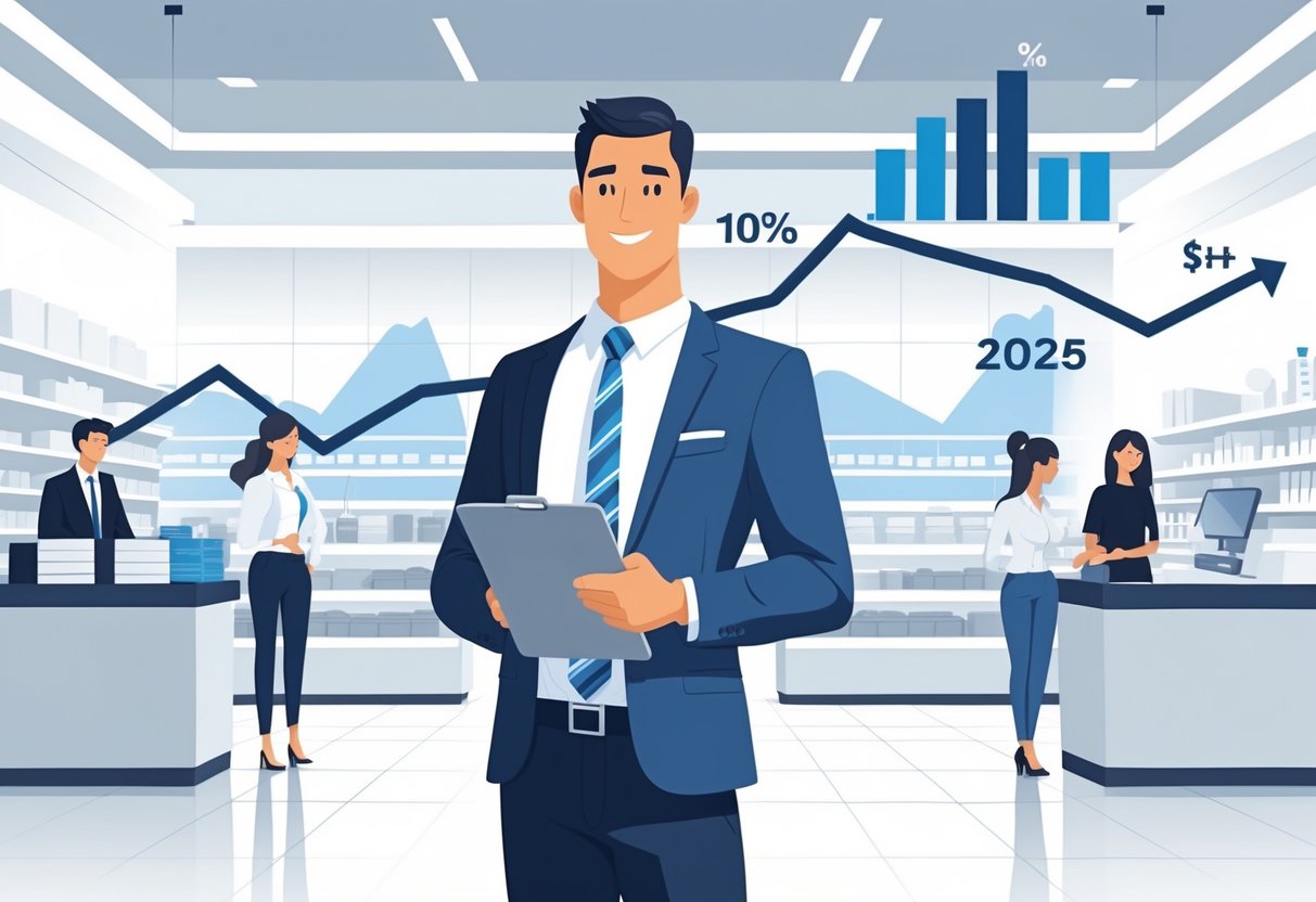 A store manager standing confidently in a modern retail store with charts showing sales growth floating around.