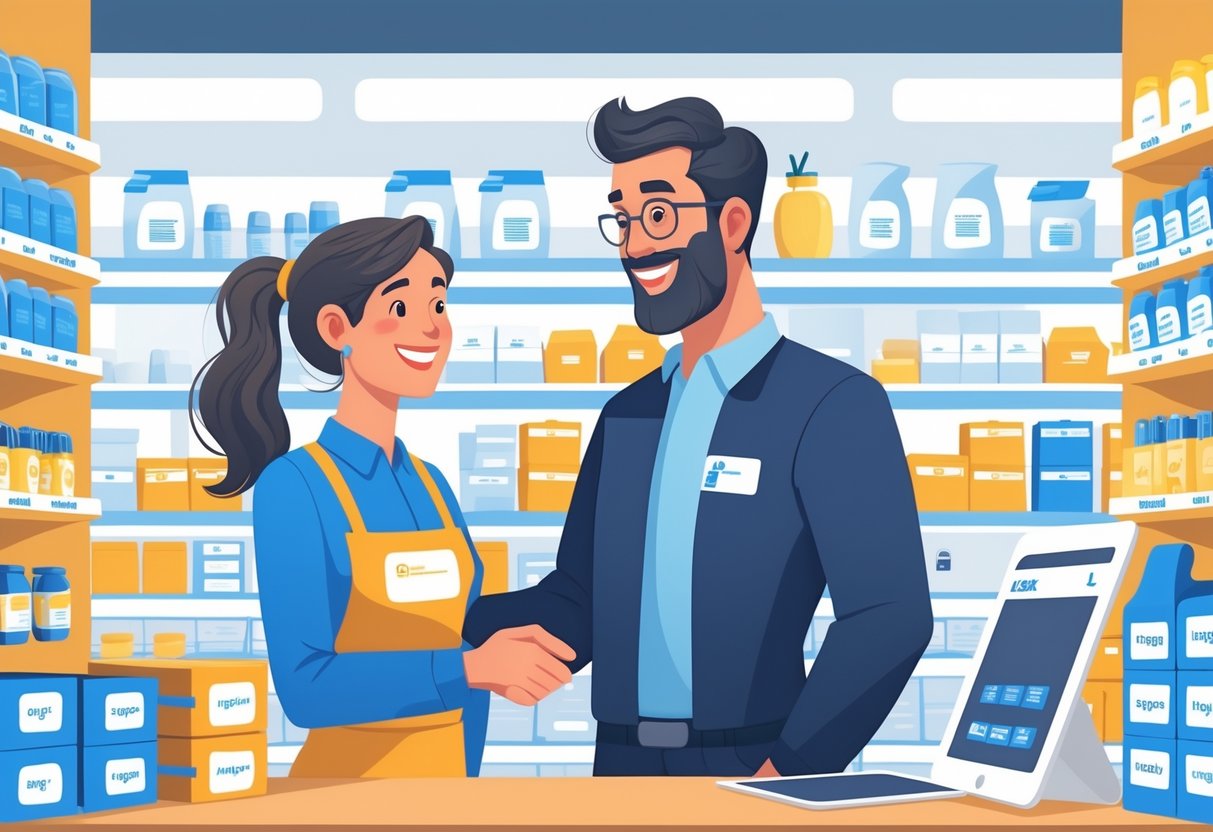 A store manager assisting a customer in a well-organized retail store with shelves full of products and a digital device displaying inventory information.