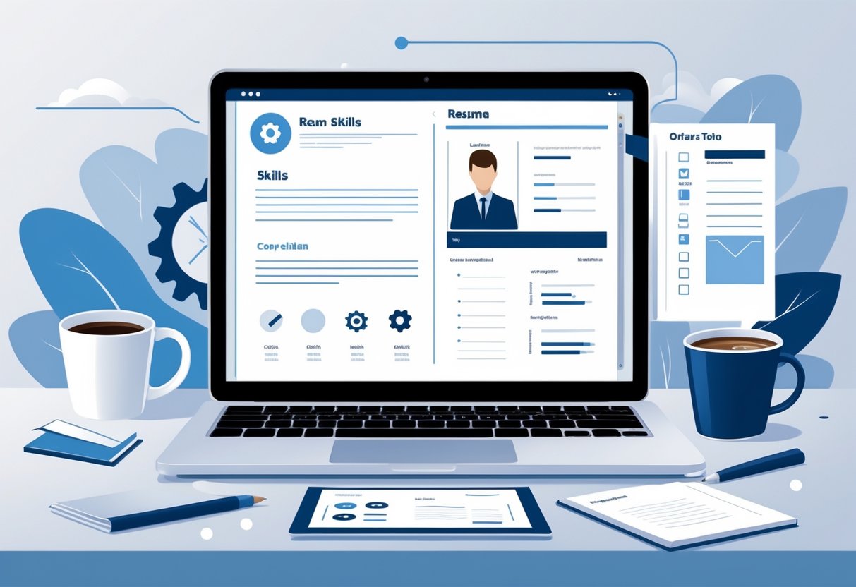A workspace scene showing a laptop with a resume layout highlighting skills and job timeline sections, surrounded by office items like a coffee cup and notebook.
