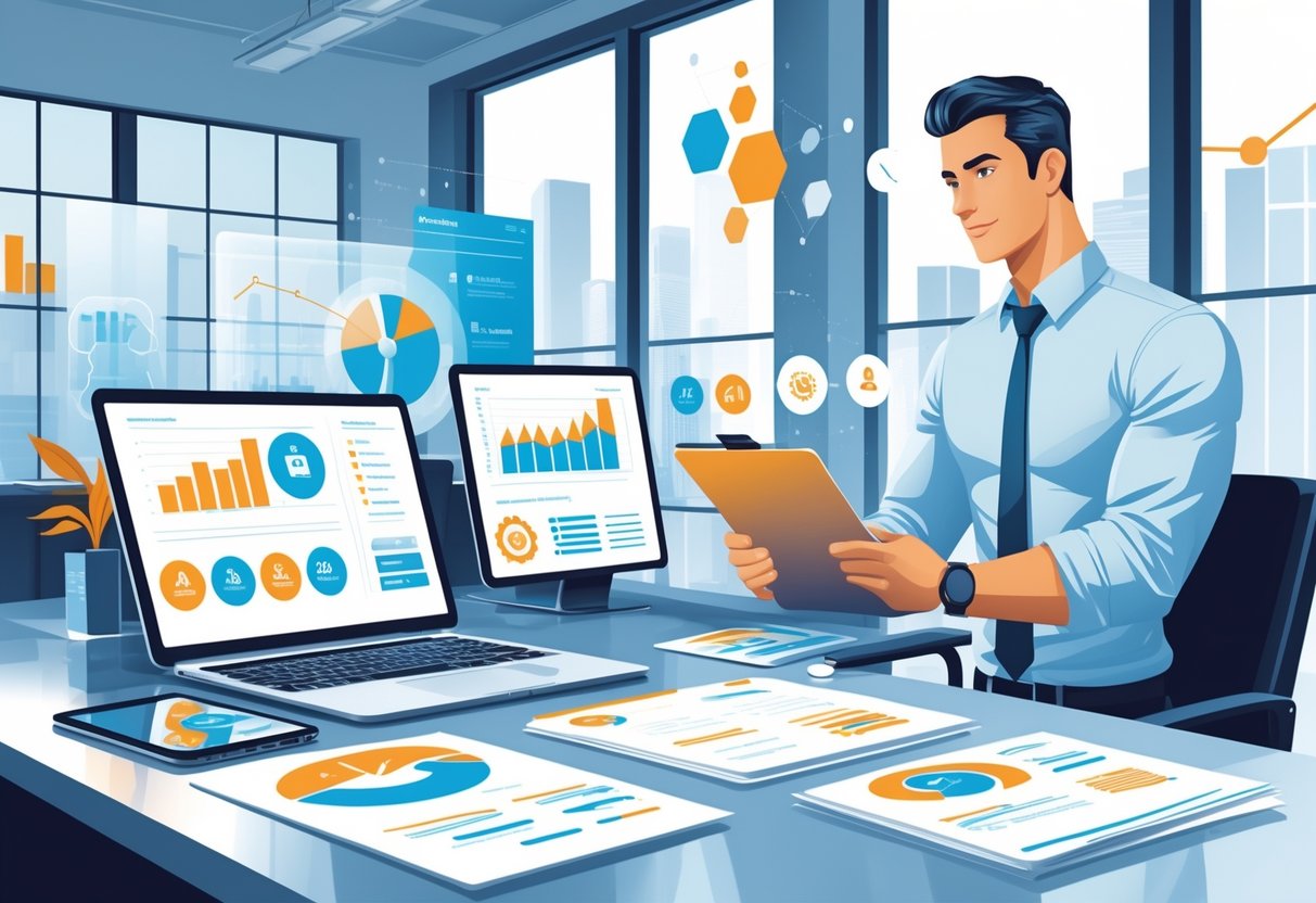 A business professional reviewing tech sales documents and digital devices in a modern office with large windows and futuristic digital displays.