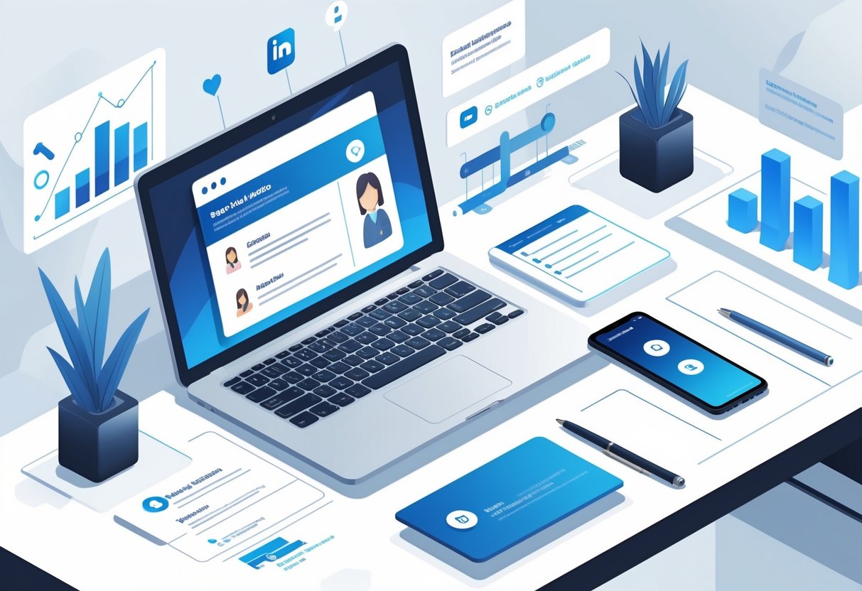 A modern desk setup with a laptop, smartphone showing email and LinkedIn icons, and office supplies, representing contact information for a tech sales resume guide.