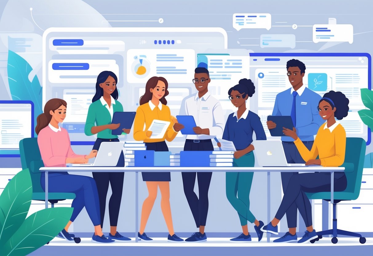 7 New Teacher Cover Letter Examples in 2025 - Latest Templates by RoboApply 1 Seven diverse new teachers working together on their cover letters in a bright, modern office with laptops and digital devices.