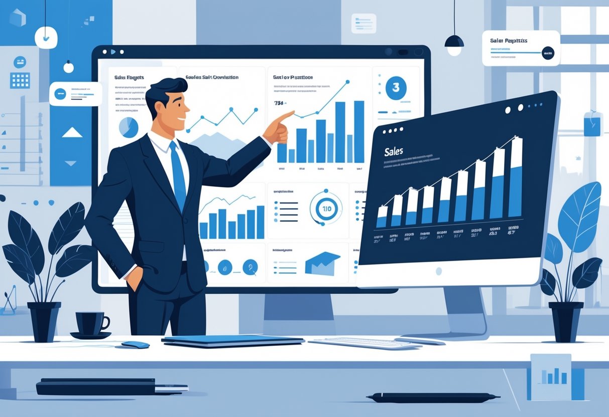 A business professional reviewing sales charts and data on digital screens in a modern office setting.