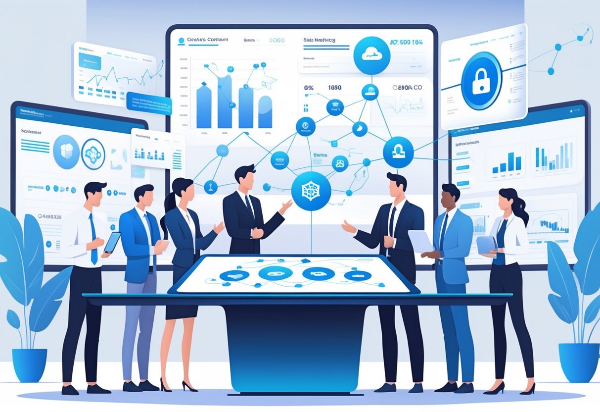 A group of professionals collaborating around a digital table displaying icons and charts representing various technology platforms and sales data in a modern office.