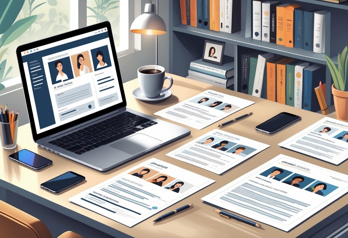 A workspace with a laptop, printed actor resumes, a coffee cup, and bookshelves with acting books and awards.