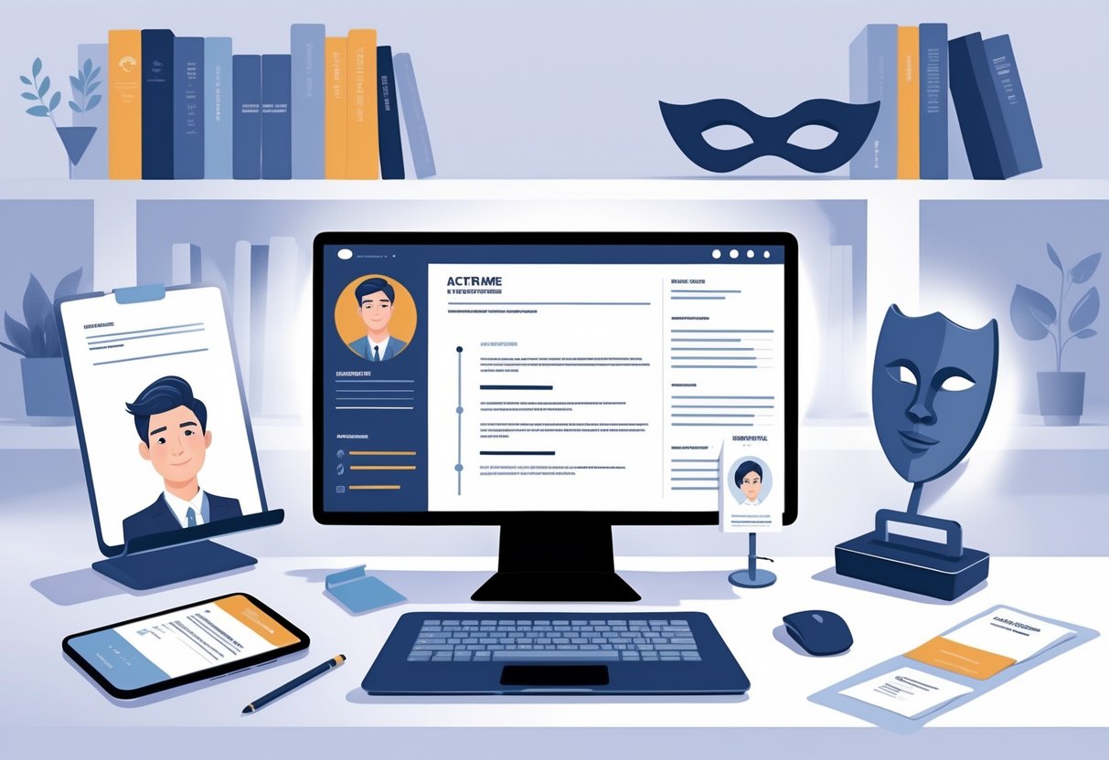 A tidy workspace with a laptop, notepad, smartphone, headshot photo, theatrical mask, and bookshelf, representing an actor preparing their resume and contact information.