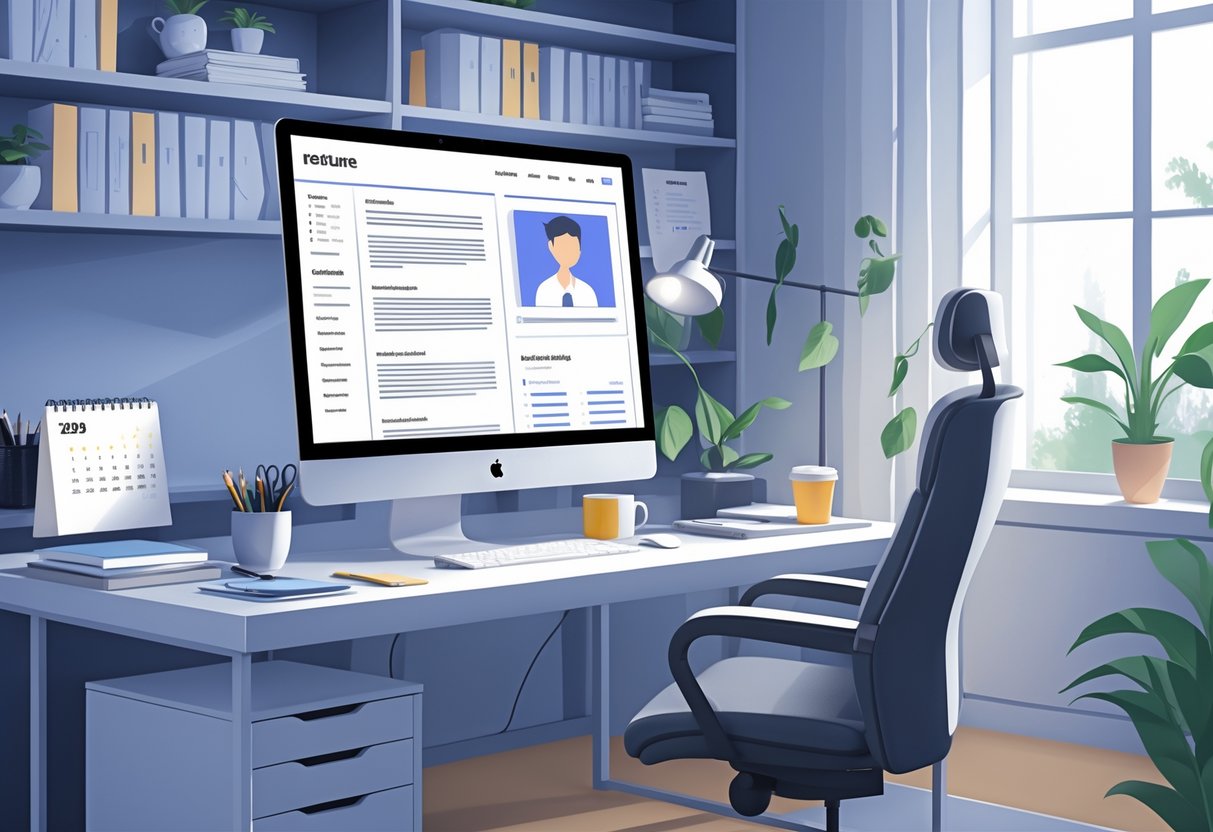 11 Work-From-Home Resume Examples & Guide for 2025: Templates and Tips for Remote Job Success 1 A home office with a desk, computer showing a resume layout, chair, bookshelf, plant, and natural light from a window.