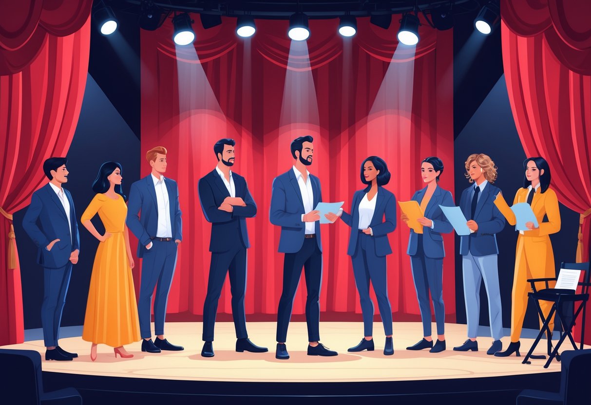 Seven actors in diverse costumes performing on a stage with red curtains and spotlights, representing theater and stage experience.