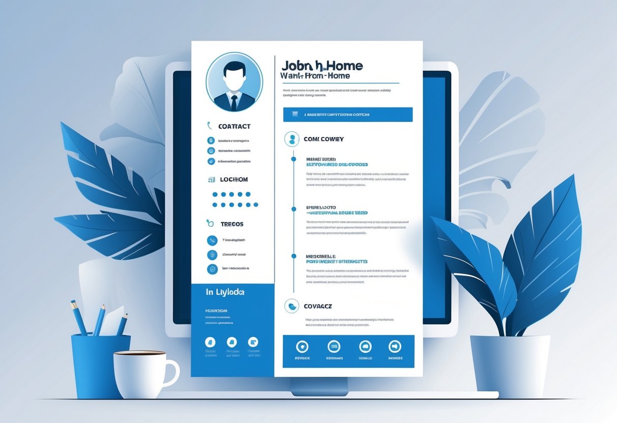 11 Work-From-Home Resume Examples & Guide for 2025: Templates and Tips for Remote Job Success 2 A professional resume layout showing a clear contact information section with icons and home office elements like a laptop and coffee cup.