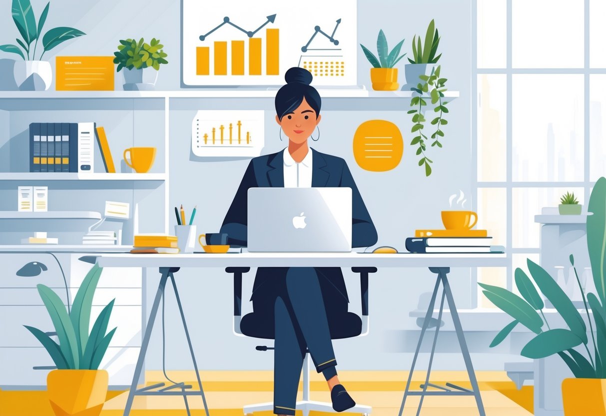 A person working independently at a desk in a bright home office, surrounded by work tools and plants, appearing focused and motivated.