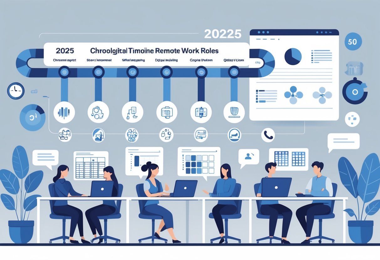 A timeline showing different remote work roles in a home office setting with people using laptops and icons representing various jobs.
