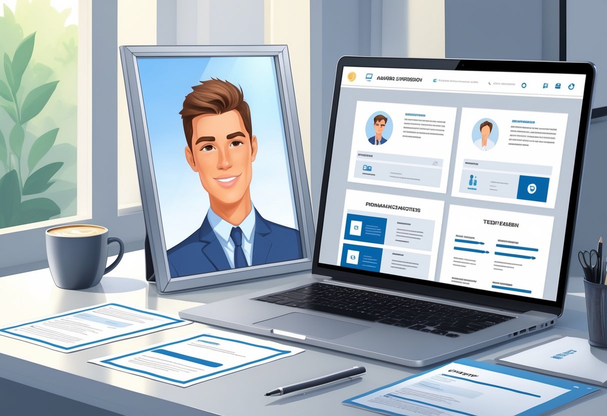 Photo on Resume Templates | PDF & TXT Download Guide for Job Seekers 1 A workspace with a photo frame showing a portrait, printed resume templates, digital document icons, and office supplies on a desk.