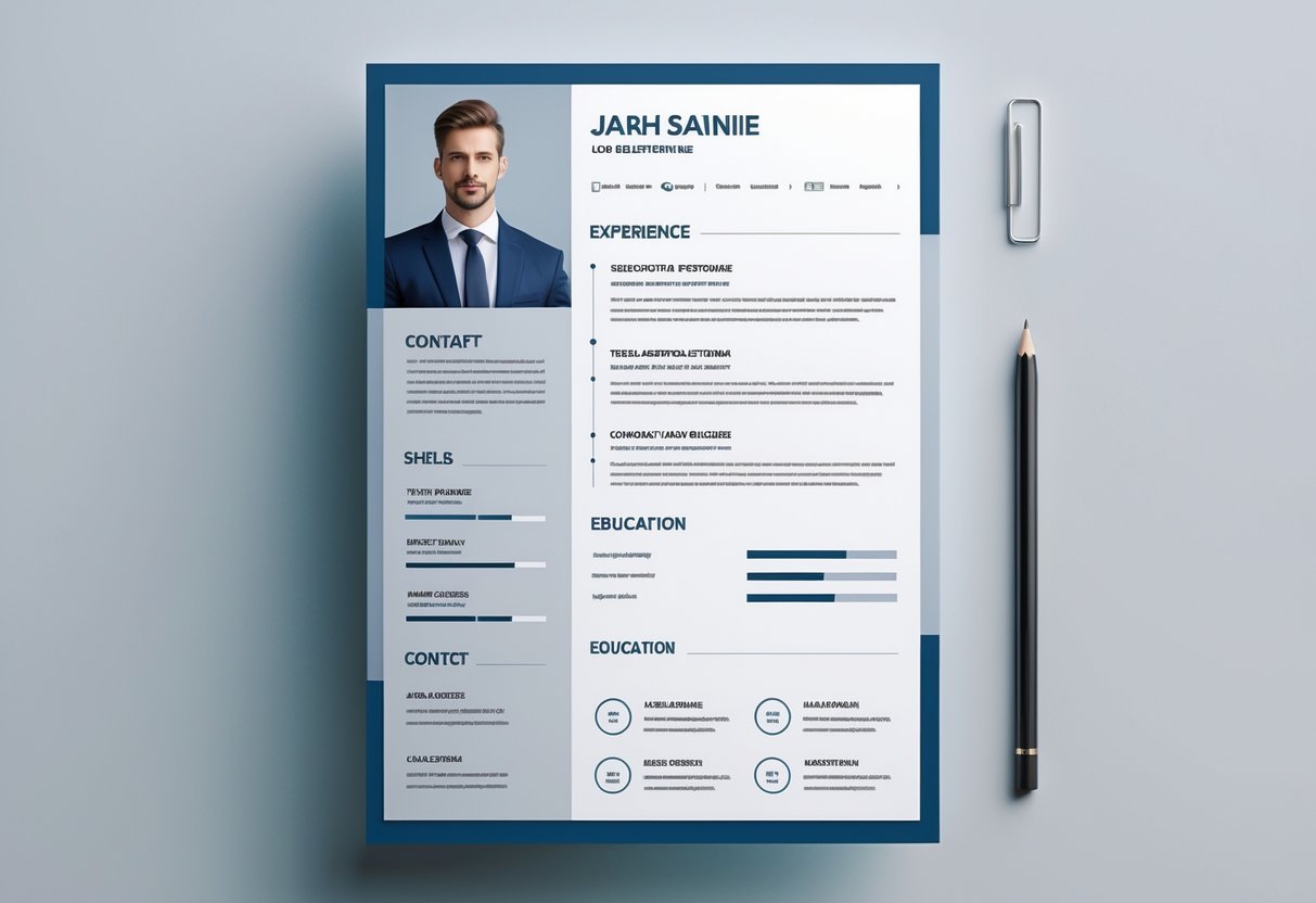 A professional resume layout with a portrait photo and organized sections for work experience and skills.