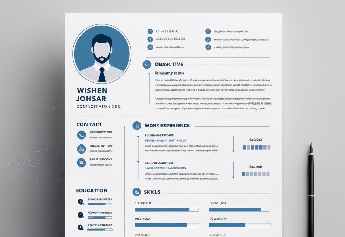 A clean and organized resume template with a circular photo placeholder and sections for contact details, summary, work experience, education, and skills.
