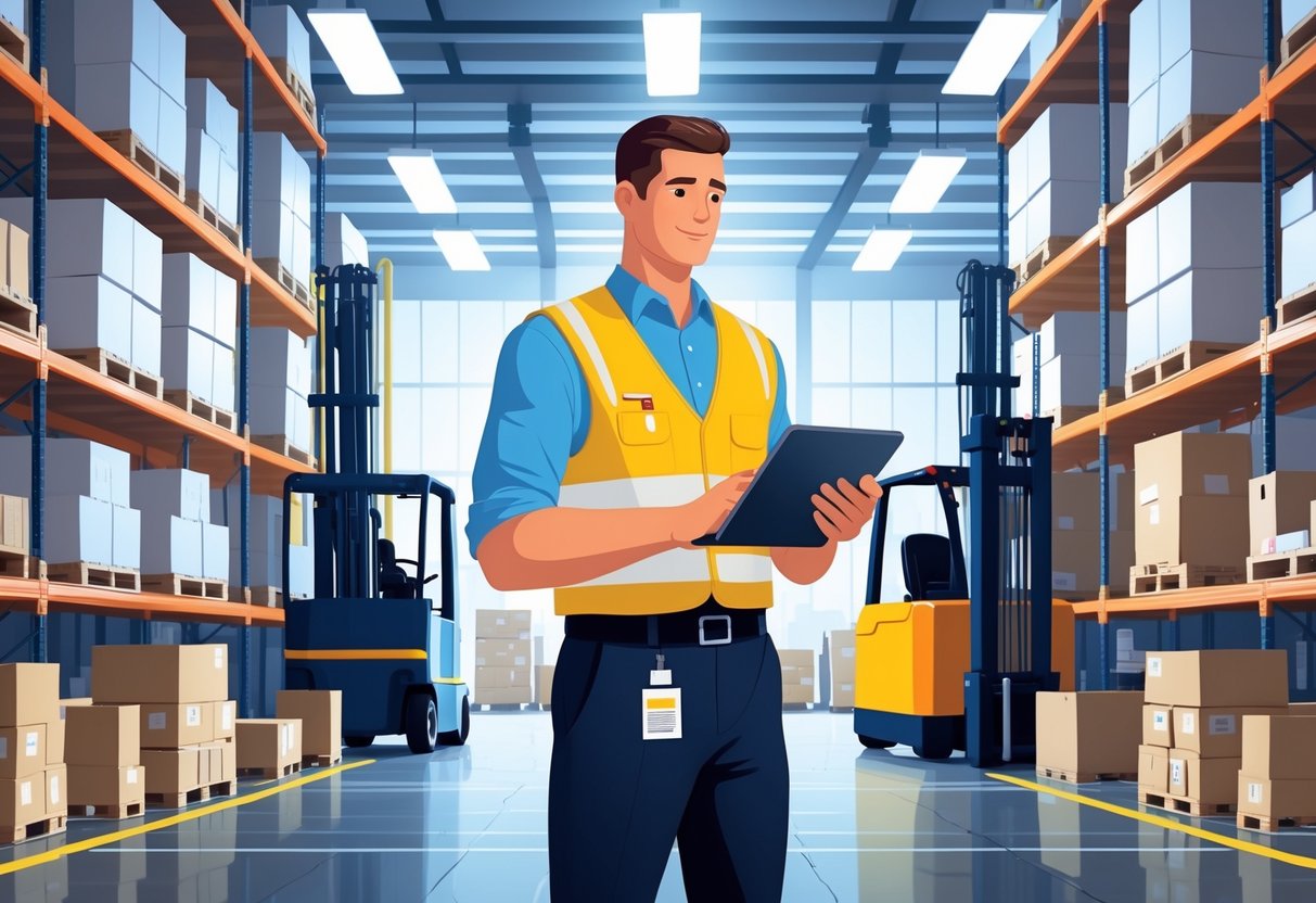 A warehouse manager holding a tablet stands in a large warehouse with shelves of boxes and forklifts in the background.
