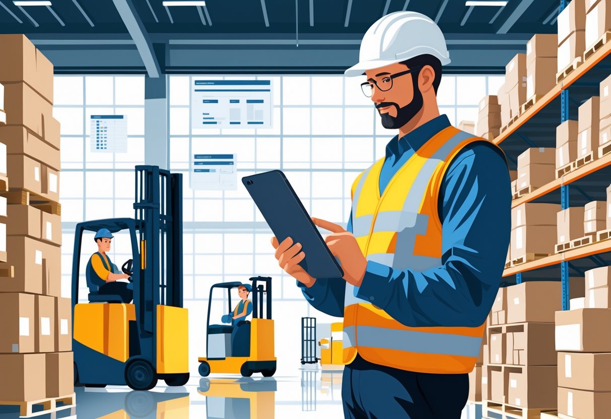 A warehouse manager reviewing inventory on a tablet in a busy warehouse with shelves, forklifts, and workers moving boxes.