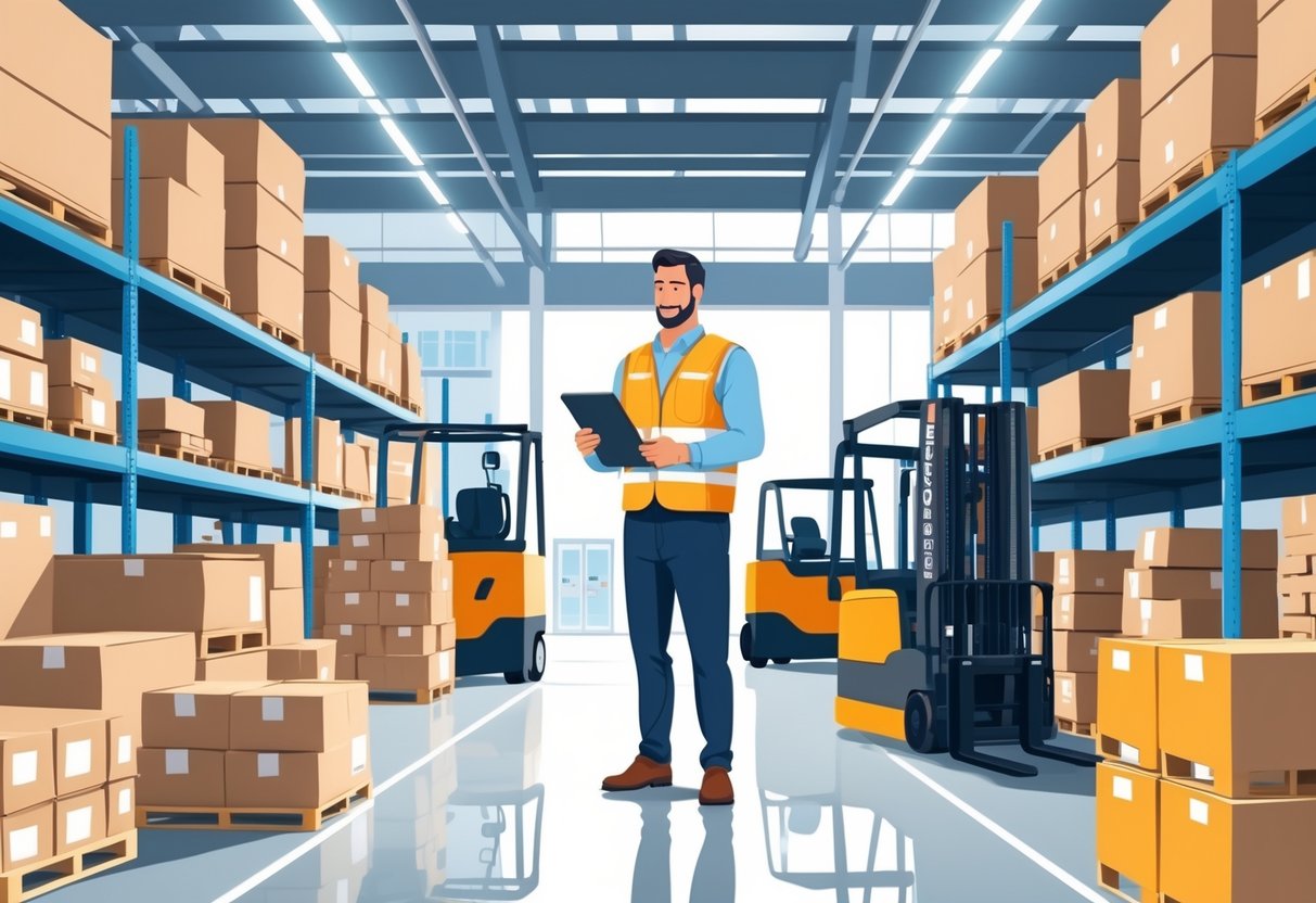 A warehouse manager inspecting inventory inside a well-organized warehouse with shelves, boxes, and forklifts.