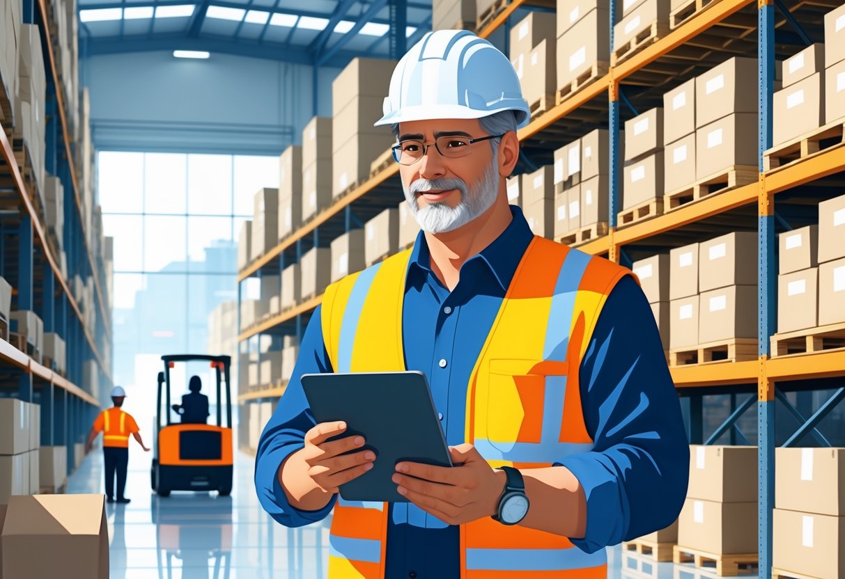 A warehouse manager holding a digital tablet standing in a busy warehouse with shelves, boxes, forklifts, and workers.
