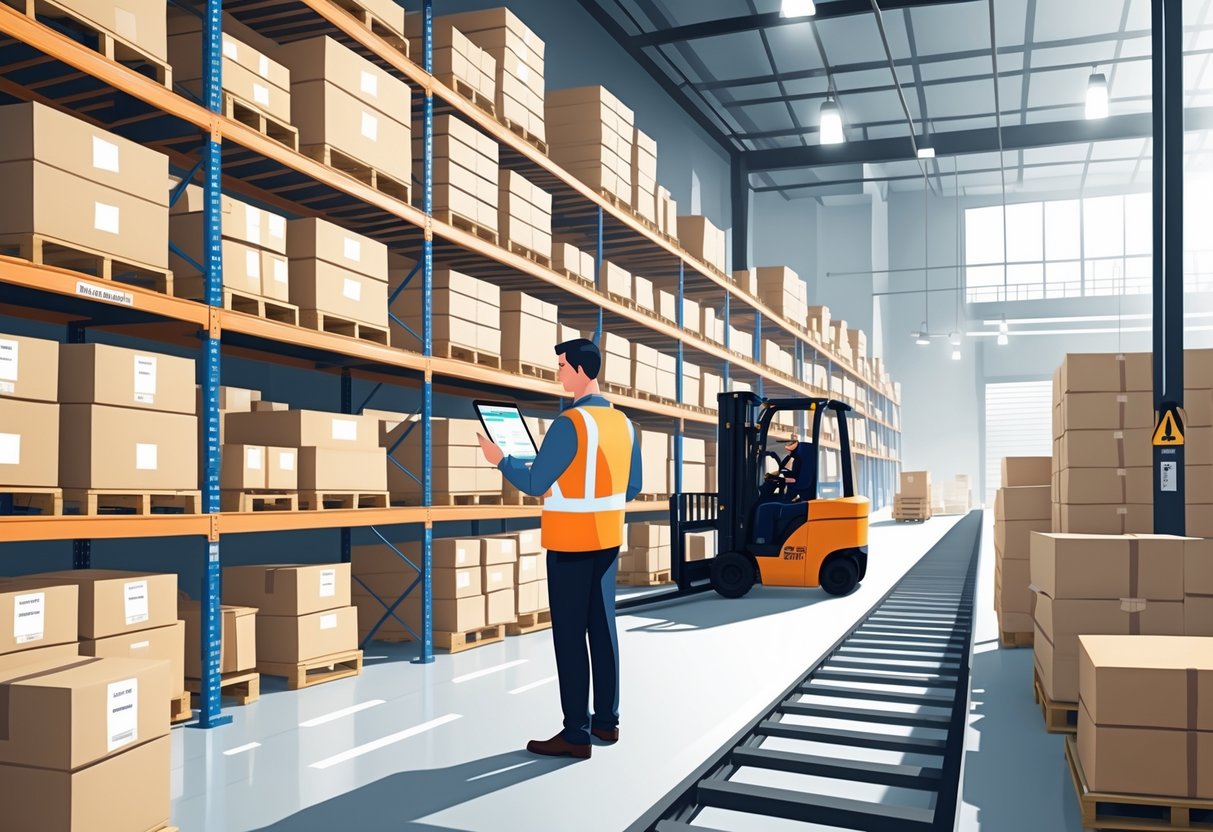 A warehouse manager in a safety vest checking inventory on a tablet in a large warehouse with shelves full of boxes and automated equipment moving goods.
