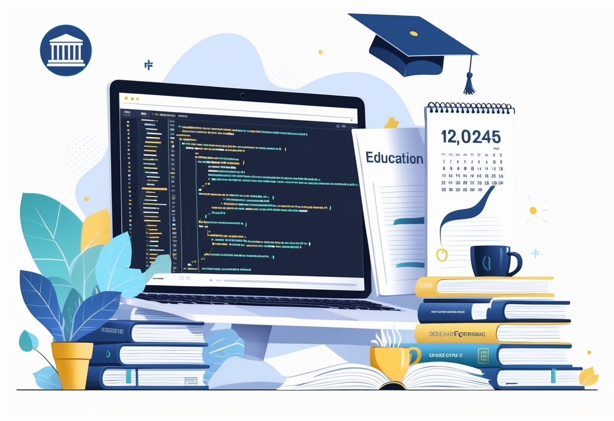 A tidy workspace with a laptop showing code, books, a diploma on a desk, and symbols representing education and a software engineering career.