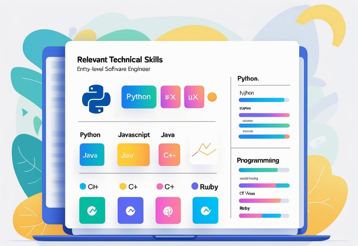 An organized resume section displaying colorful icons of popular programming languages arranged neatly to represent technical skills for an entry-level software engineer.