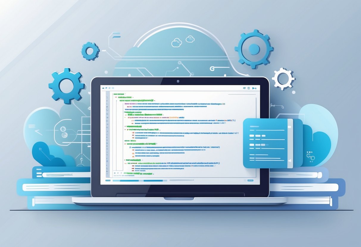 A workspace with a laptop showing programming code and abstract icons representing software development and technical skills.