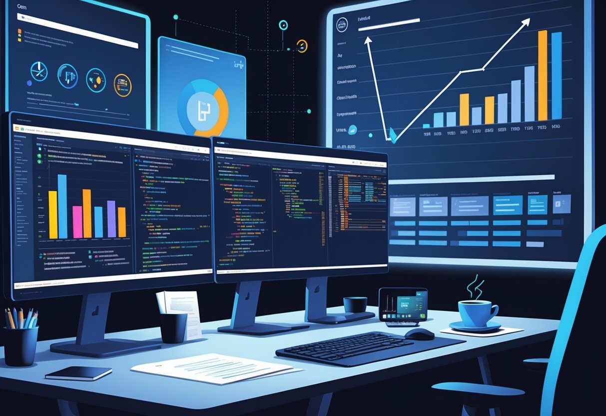 A developer's workspace with multiple monitors showing code and project progress, surrounded by icons representing software tools and technologies.