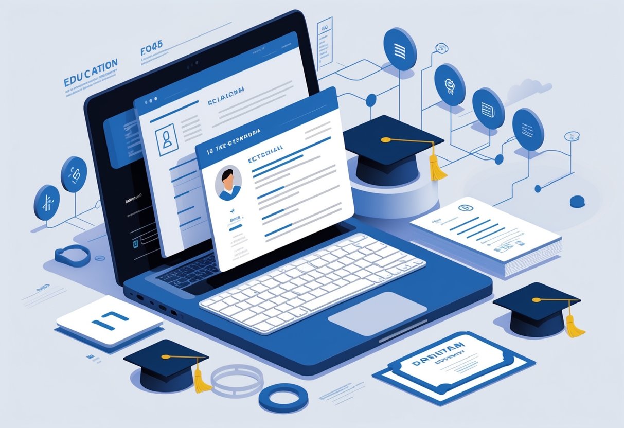 A workspace with a laptop displaying a digital resume surrounded by icons representing education and software development.