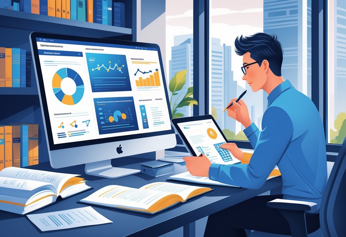 Research Skills on a Resume: The Complete Guide for 2025 1 A person at a desk reviewing data and research materials with a computer, books, and papers in a modern office setting.