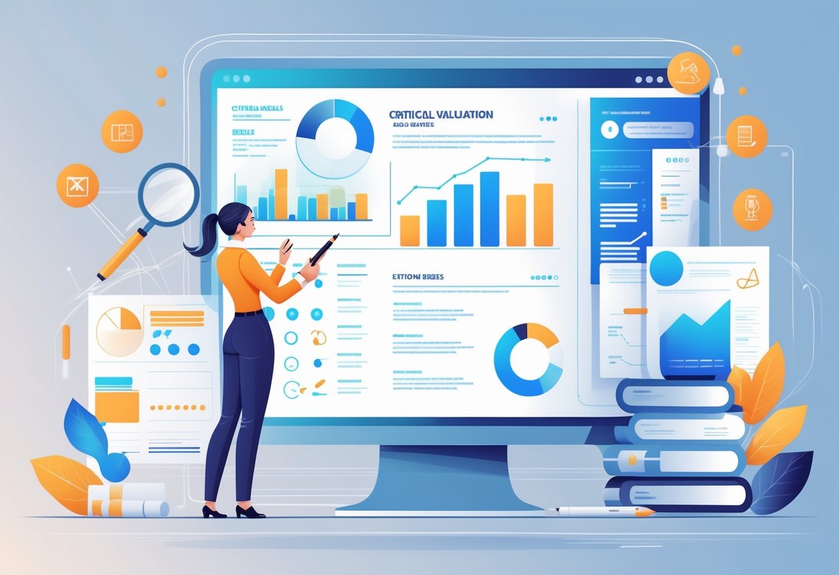 A professional reviewing a digital resume surrounded by icons representing research and evaluation skills in a modern workspace.