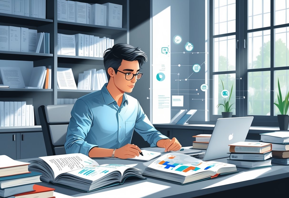 A young professional reviewing research papers and books at a desk in an office filled with academic materials and a laptop.