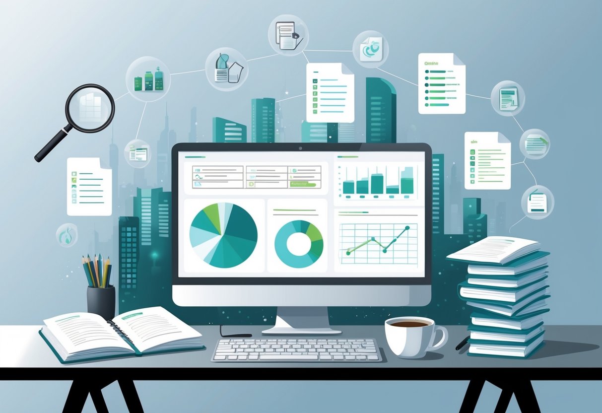 A modern workspace with a laptop, notebooks, and floating icons representing research and report writing skills, set against a futuristic city background.