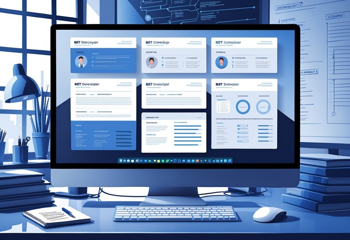 14 Net Developer Resume Examples & Guide for 2025 to Land Your Next Job 1 A computer monitor on a desk displaying multiple digital resume templates with coding books and notes nearby in a bright office workspace.