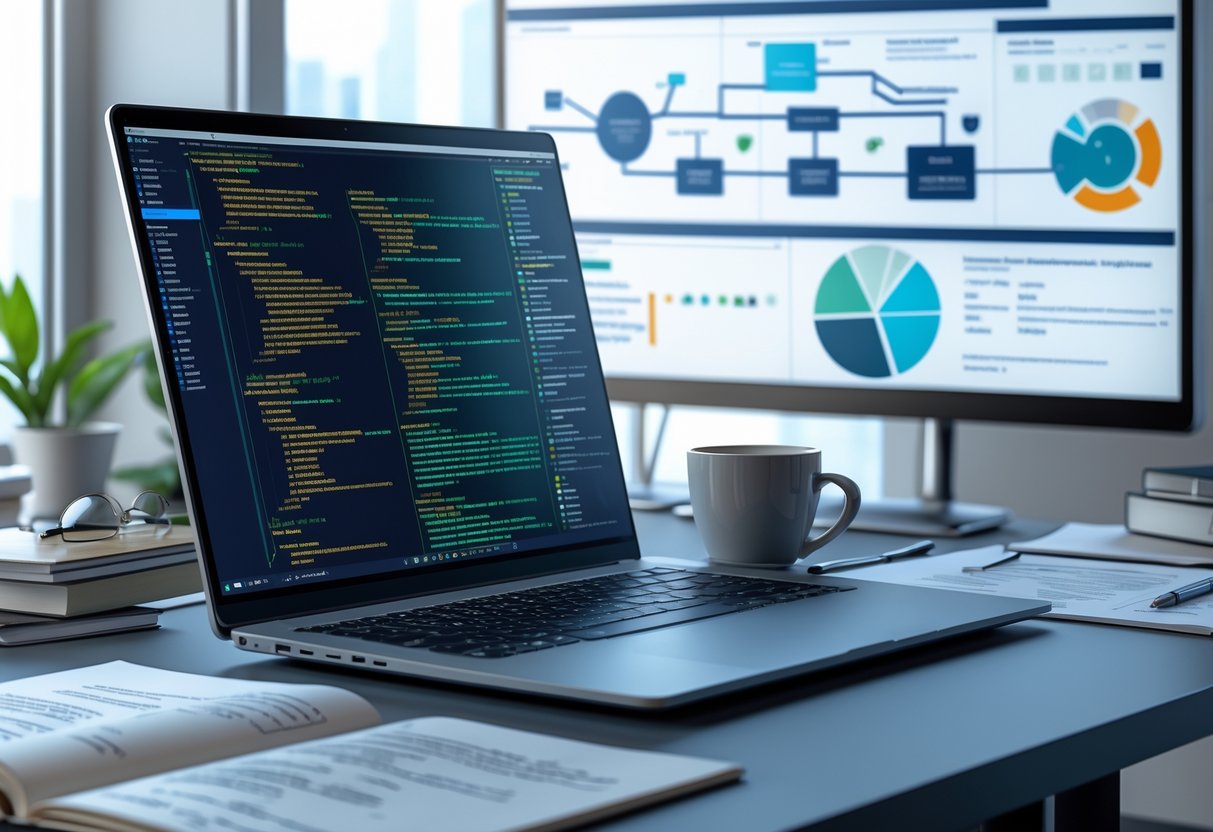 14 Net Developer Resume Examples & Guide for 2025 to Land Your Next Job 2 A workspace with a laptop showing code, technical books, notes, and a digital board with software development diagrams.