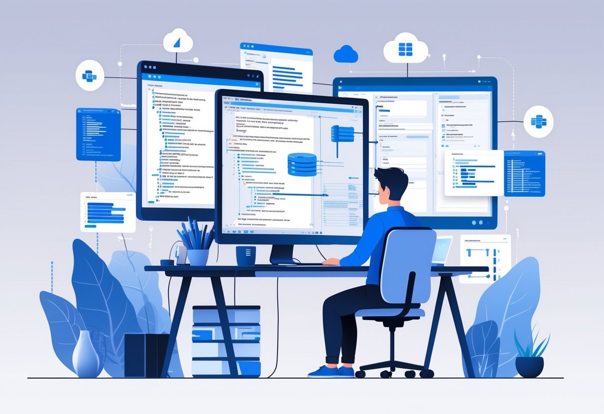 A developer working at a desk with multiple monitors showing database schemas and code related to Entity Framework.
