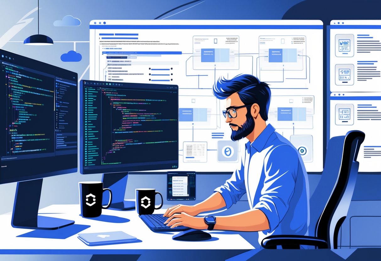 A software developer working at a desk with multiple monitors showing code and diagrams related to web and client/server application development, surrounded by tech devices and development symbols.