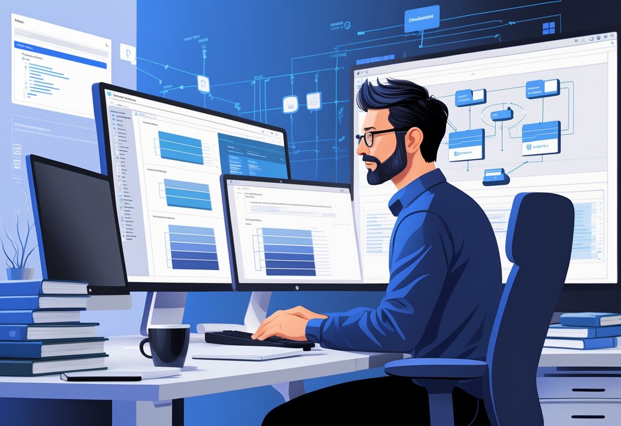 A software developer working at a desk with multiple monitors showing layered software architecture diagrams and code.