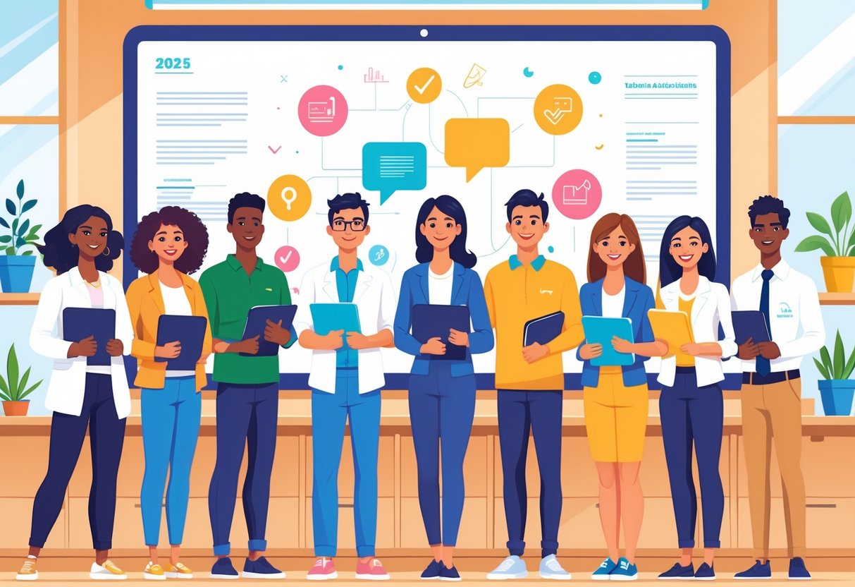 7 New Teacher Cover Letter Examples for 2025 - Expert Templates from RoboApply 1 Seven diverse new teachers standing confidently in a bright classroom holding folders and tablets, ready for the school year.