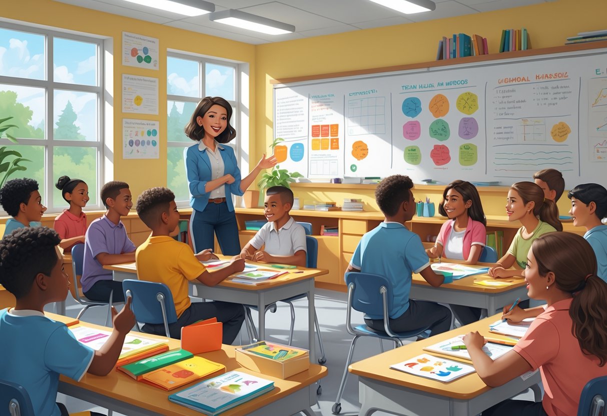 A young teacher interacting with a group of students in a bright classroom filled with educational materials and student artwork.