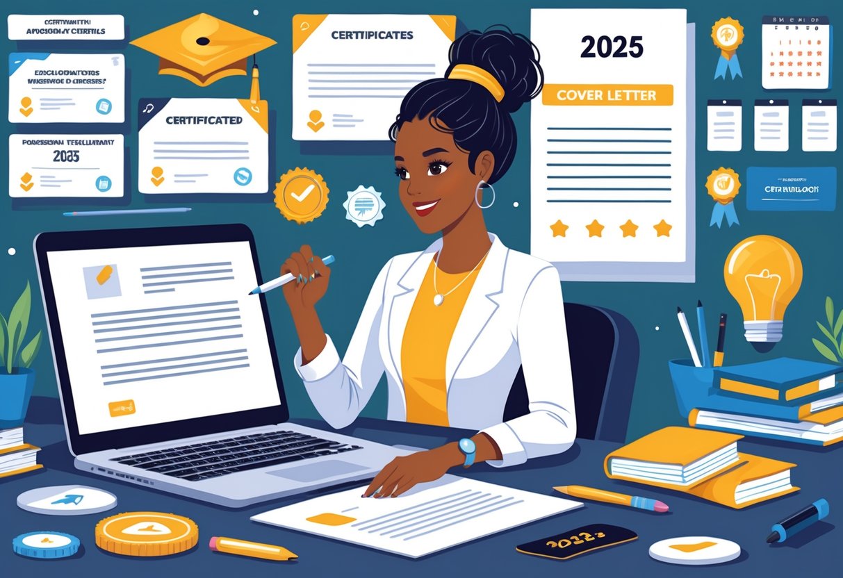 A new teacher working at a desk with a laptop, surrounded by certificates and educational materials.
