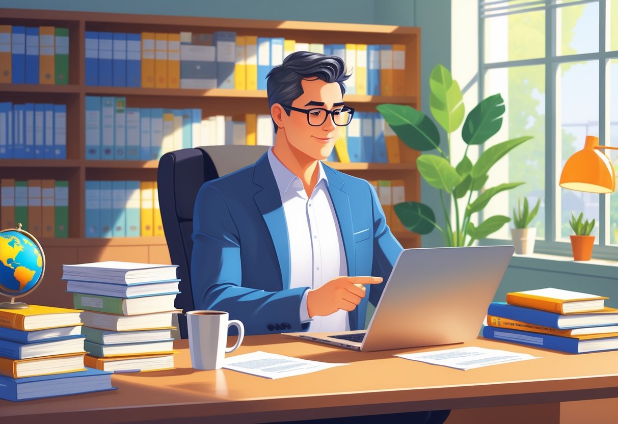 13 Professor Resume Examples That Got Jobs for 2025 and What Made Them Stand Out 1 A professor reviewing resumes on a tablet in an academic office with bookshelves, a laptop, and a window letting in natural light.