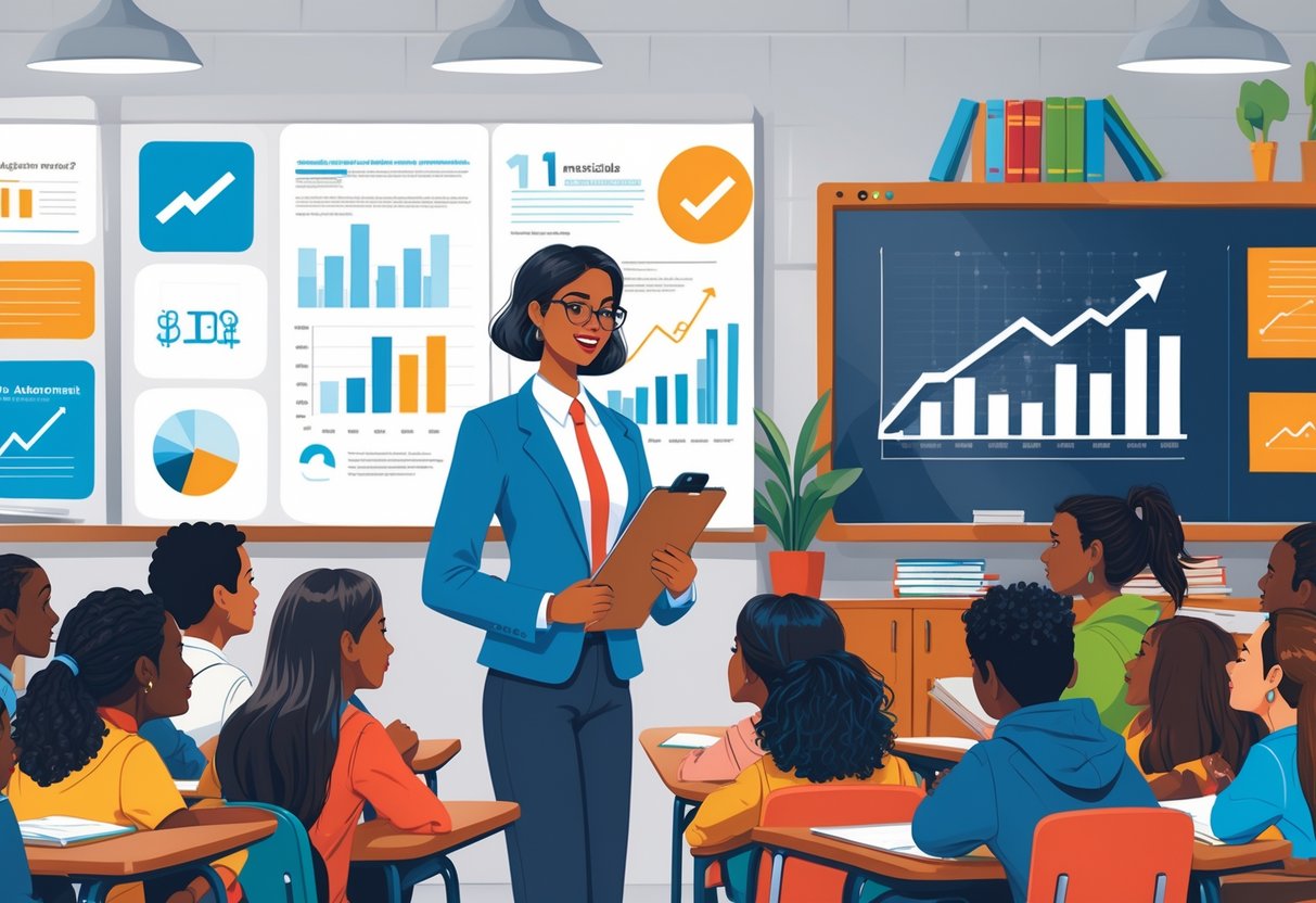 A new teacher standing in a classroom with students, surrounded by symbols of achievements like charts and icons representing education and community service.
