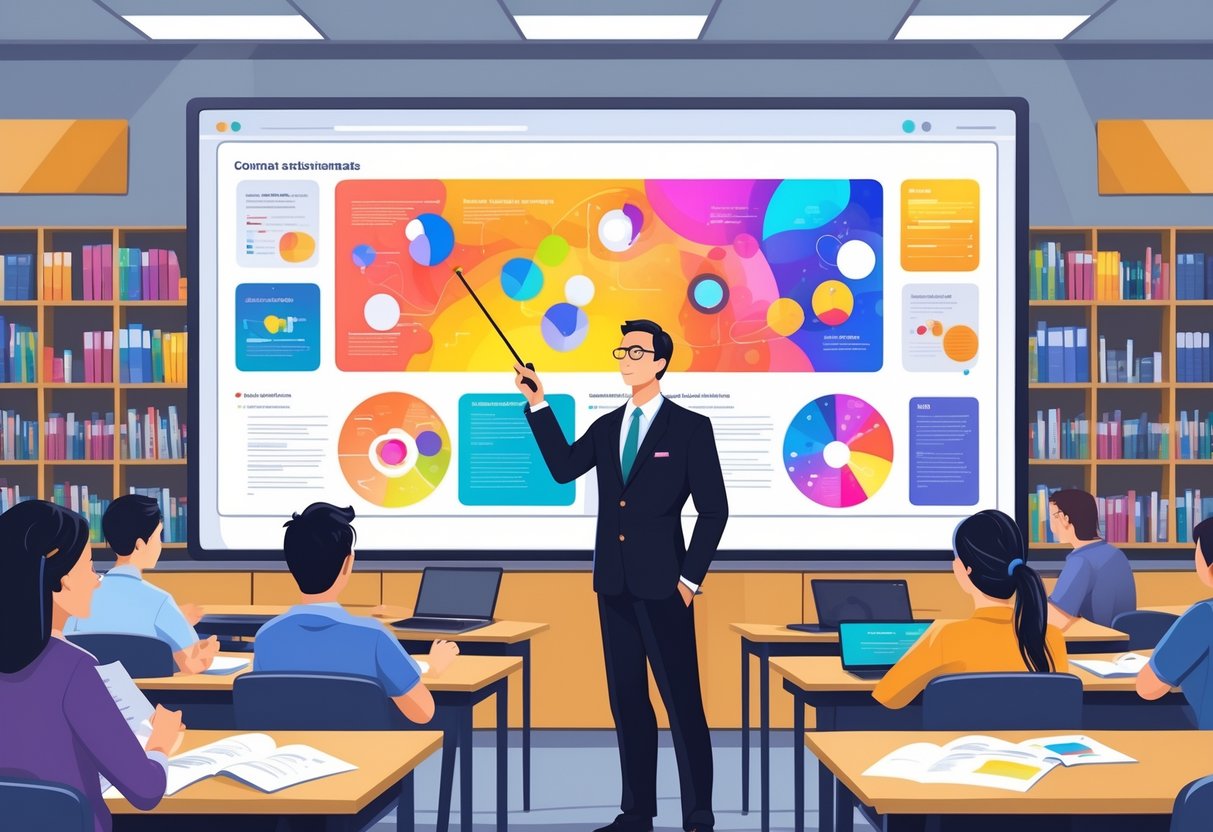 13 Professor Resume Examples That Got Jobs for 2025 and What Made Them Stand Out 2 A professor teaching a diverse group of students in a bright classroom with a digital screen and bookshelves.