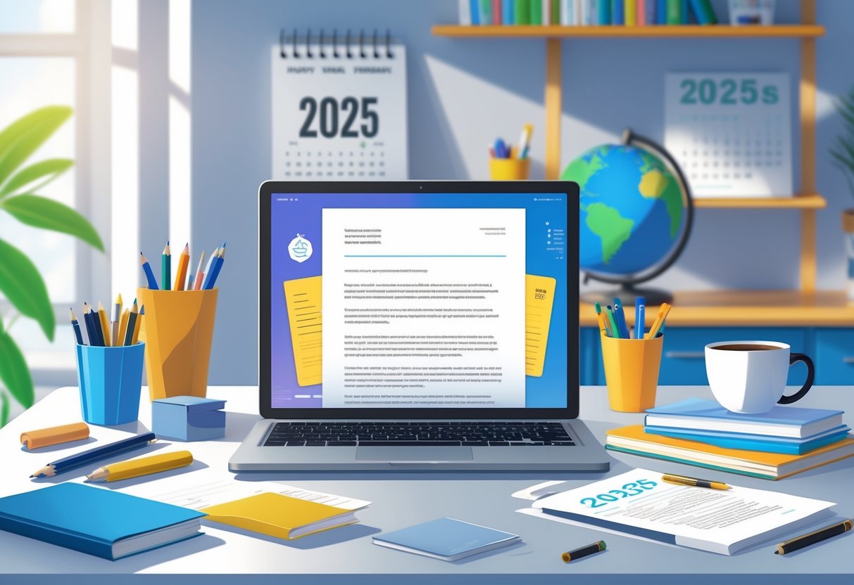 A clean workspace with a laptop, stationery, and educational materials on a desk, suggesting preparation for a teaching job application.
