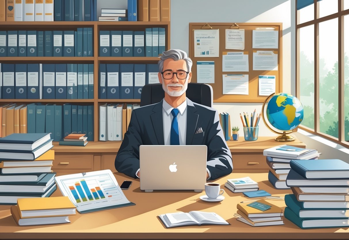 A professor in an academic office surrounded by books, research papers, and project materials, working at a desk with a laptop.