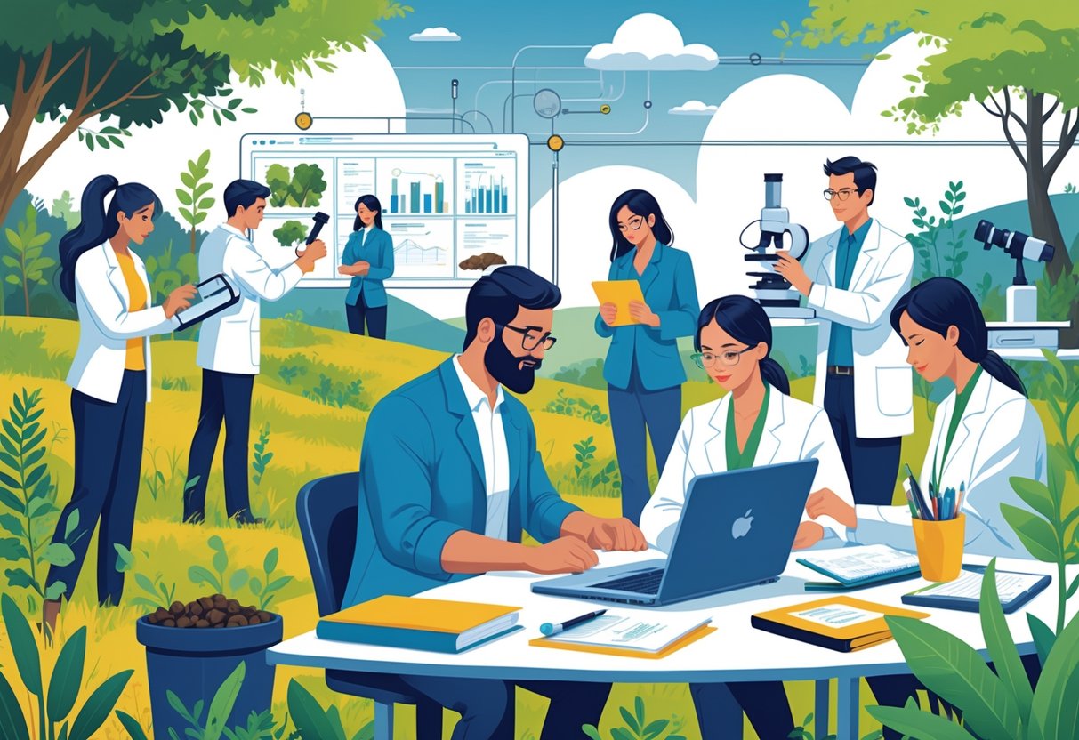 Professors conducting fieldwork and research outdoors and in a laboratory, collaborating and using scientific equipment.