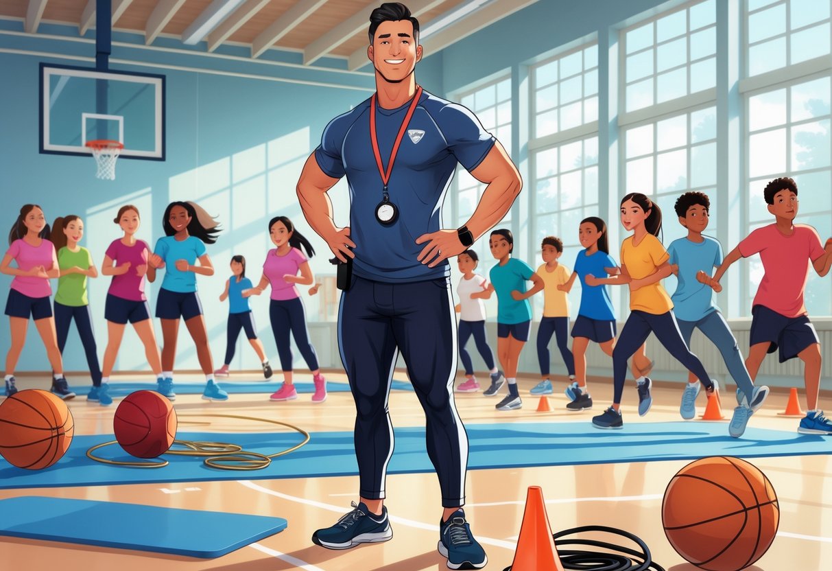 A physical education teacher standing in a gym with students exercising around them.