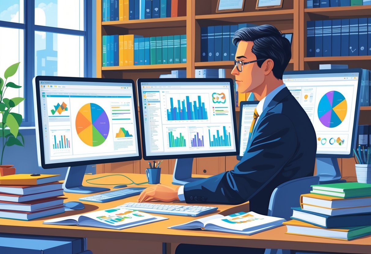 A university professor working at a desk with computer screens showing data charts and graphs in an academic office filled with books and research materials.
